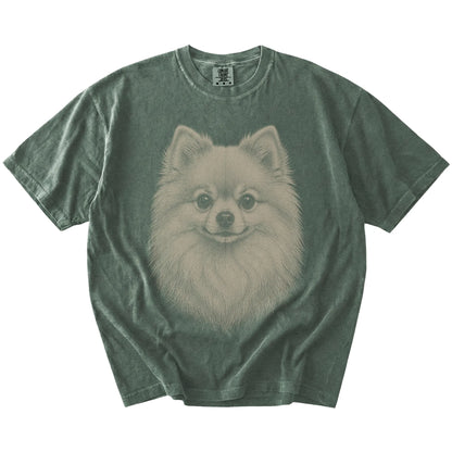 A realistic drawing of a Pomeranian on a Moss Comfort Colors® T-shirt