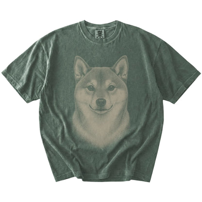 A realistic drawing of a Shiba Inu on a Moss Comfort Colors® T-shirt