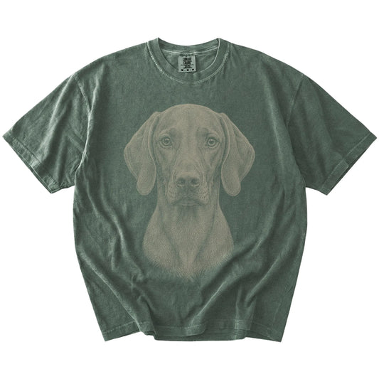 A realistic drawing of a Vizsla on a Moss Comfort Colors® T-shirt
