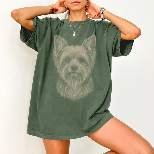 Model wearing a Moss Comfort Colors® T-shirt with a realistic drawing of a Yorkie