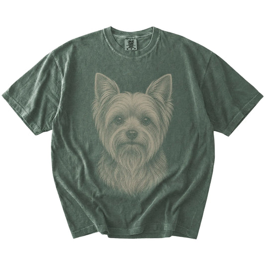 A realistic drawing of a Yorkie on a Moss Comfort Colors® T-shirt