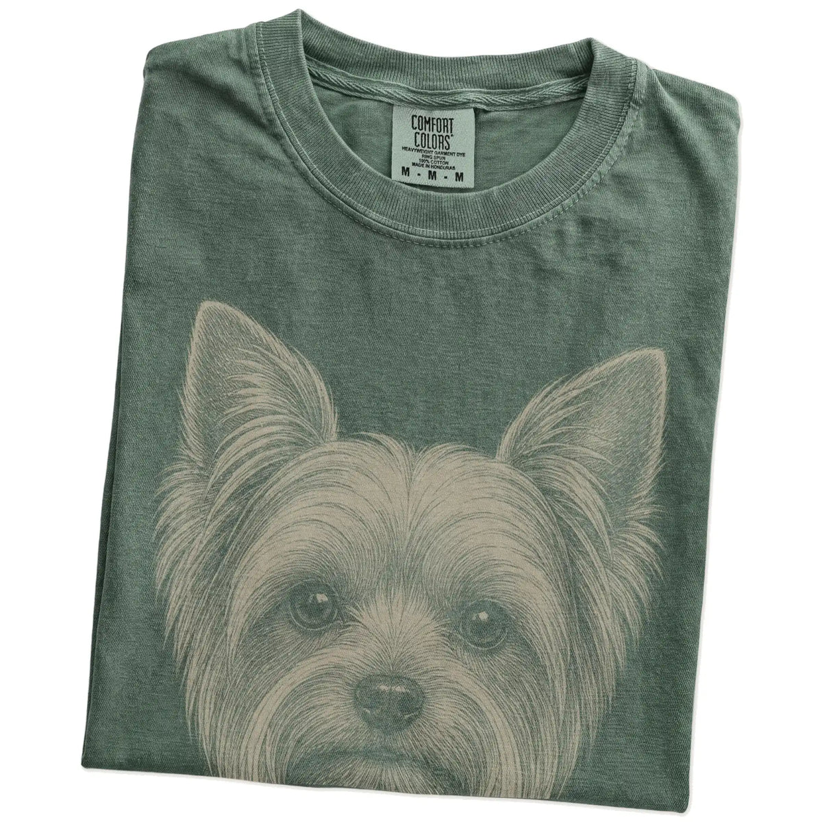 Folded Moss Comfort Colors® T-shirt showing a realistic drawing of a Yorkie