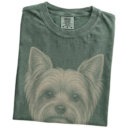 Folded Moss Comfort Colors® T-shirt showing a realistic drawing of a Yorkie