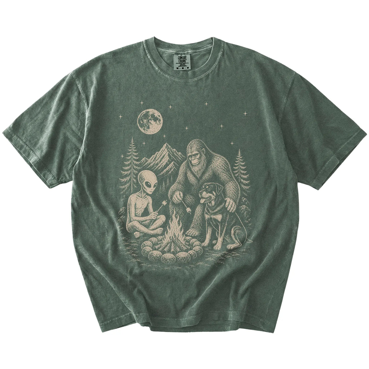 Rottweiler camping with Bigfoot and an alien on a Moss Comfort Colors® T-shirt