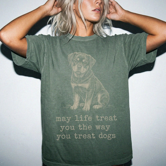 Woman wearing a Moss Rottweiler Karma T-Shirt
