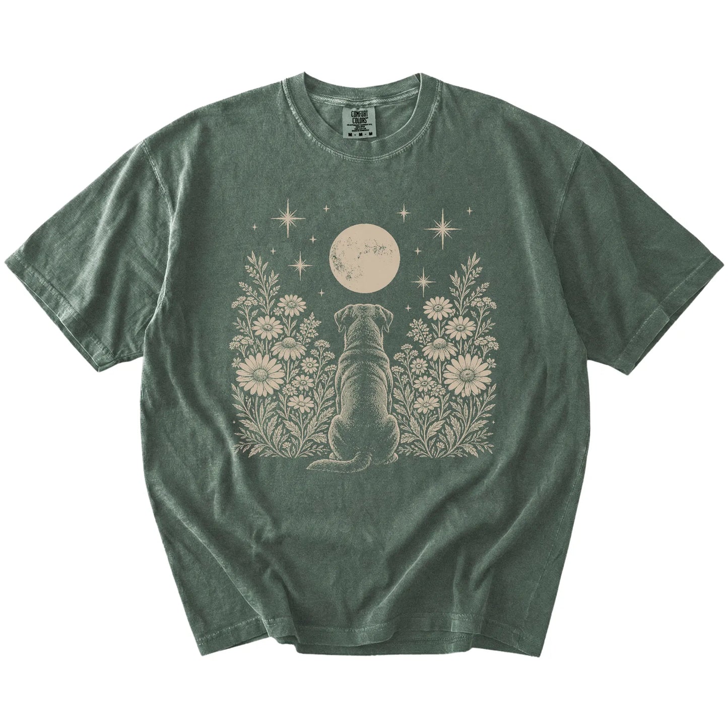 Rottweiler beneath a wildflower moon on a Moss Comfort Colors® T-shirt