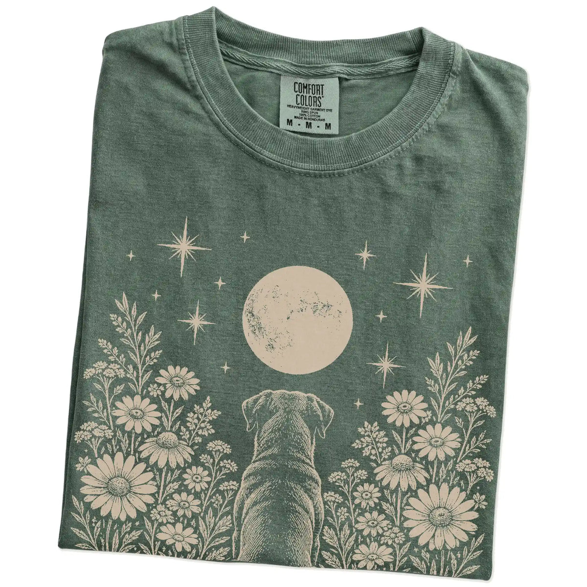 Folded Moss Comfort Colors® T-shirt showing Rottweiler beneath a wildflower moon