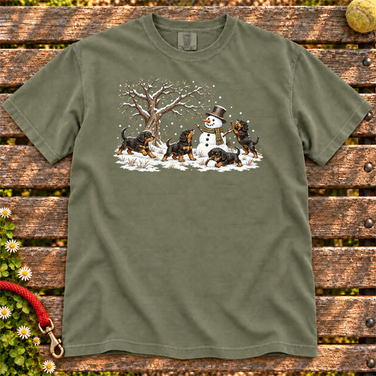 Rottweiler puppies playing in snow with a snowman on a Moss T-shirt