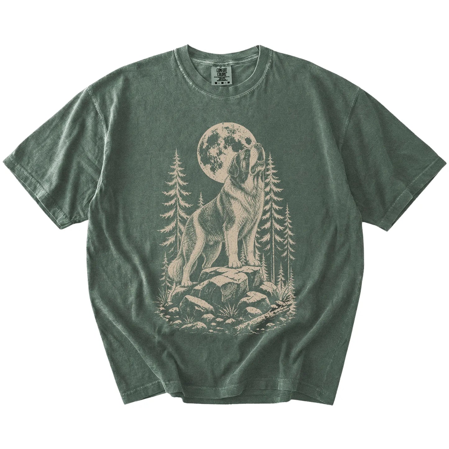 Saint Bernard howling beneath the moon and pine trees on a Moss Comfort Colors® T-shirt