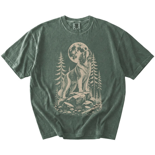 Saint Bernard howling beneath the moon and pine trees on a Moss Comfort Colors® T-shirt