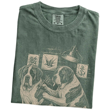 Folded Moss Saint Bernard Tattoo t-shirt showing the graphic