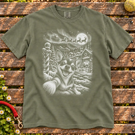Chihuahua Santa Selfie design on a Moss T-shirt