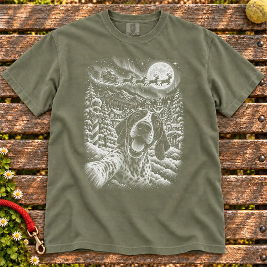 Pointer Santa Selfie design on a Moss T-shirt