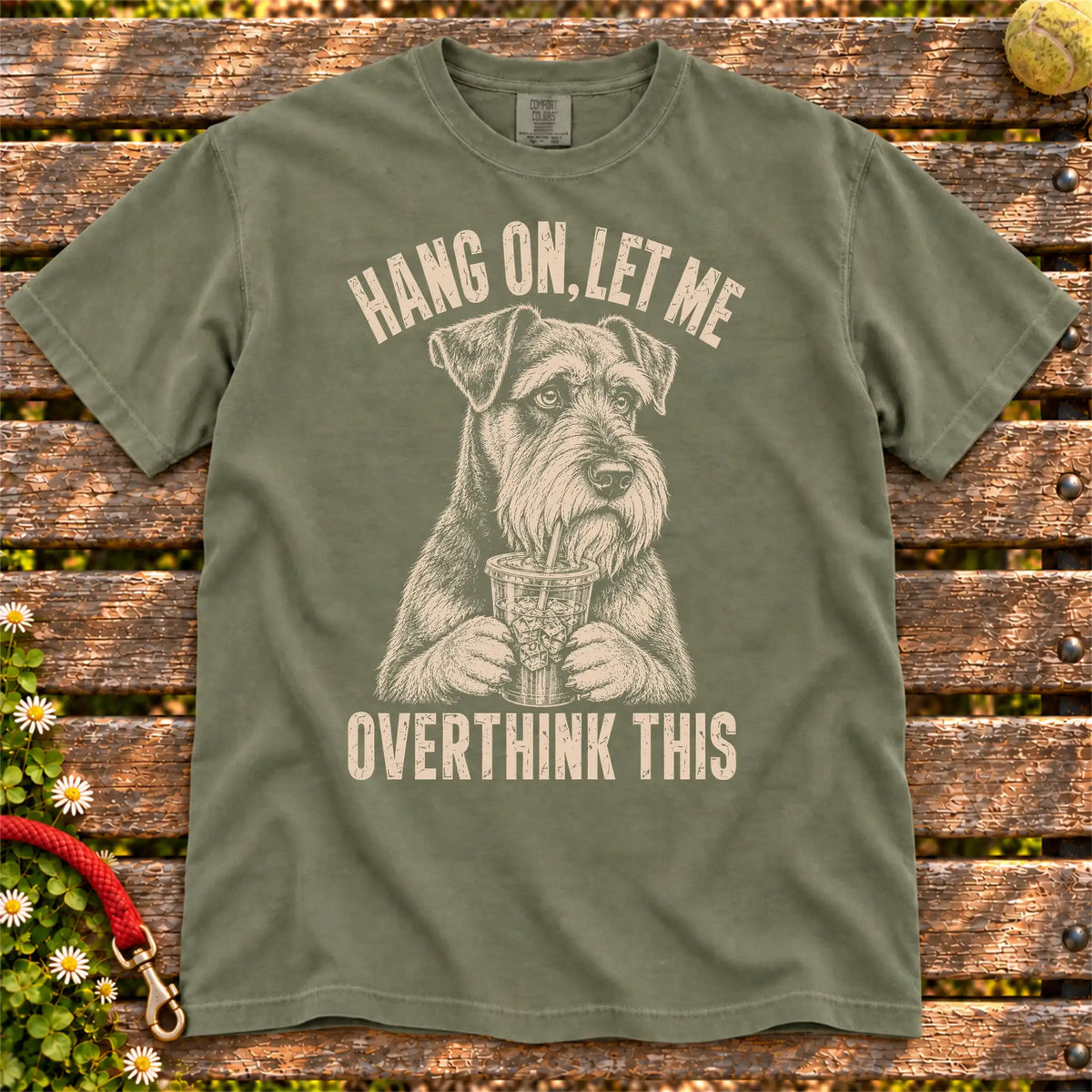 Overthinking Schnauzer design on a Moss Comfort Colors T-shirt, shown flat