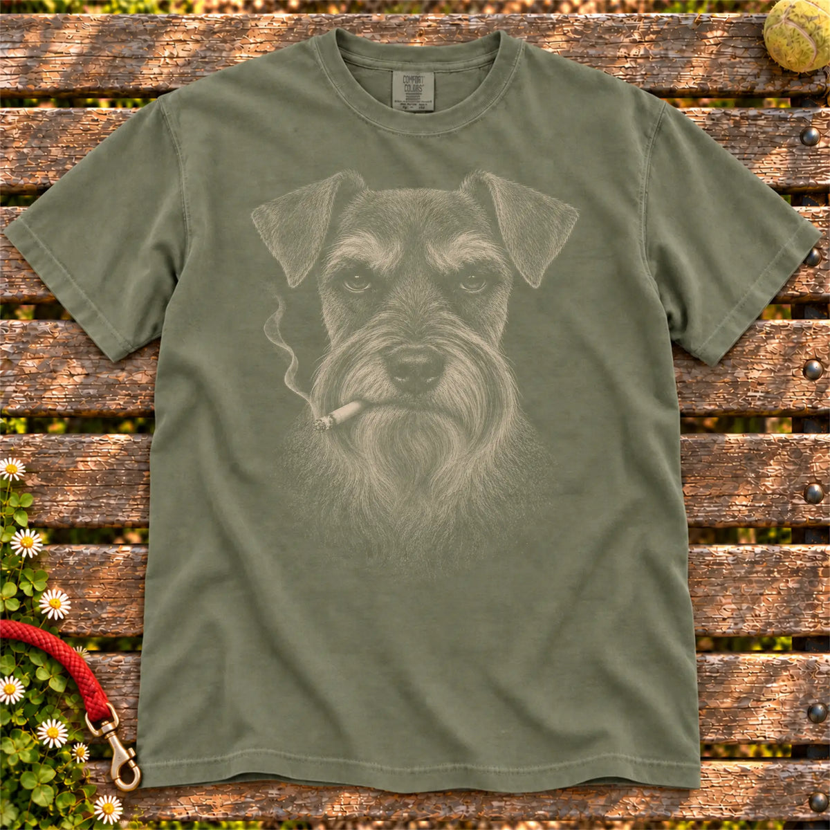 Schnauzer smoking design on a Moss t-shirt
