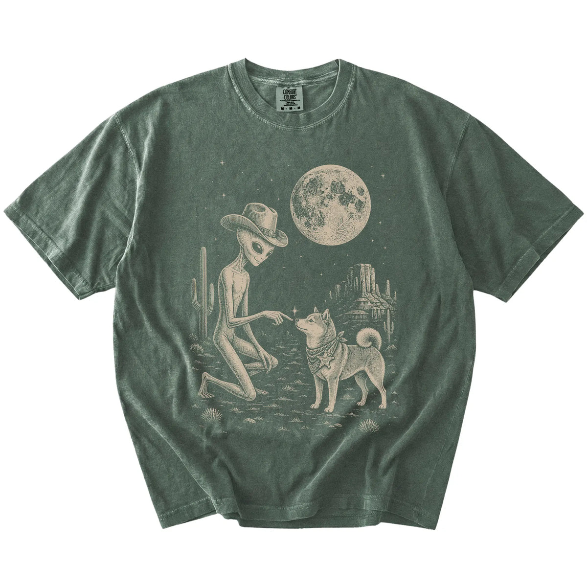 Cowboy alien fist-bumping a Shiba Inu beneath the moon on a Moss Comfort Colors® T-shirt
