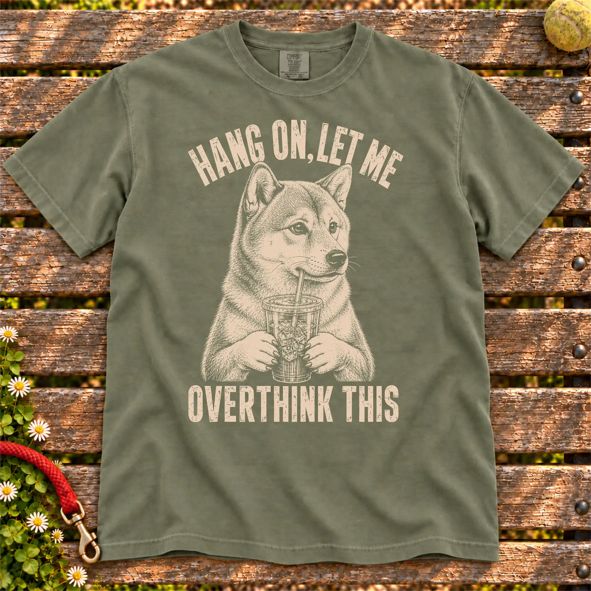 Overthinking Shiba Inu design on a Moss Comfort Colors T-shirt, shown flat