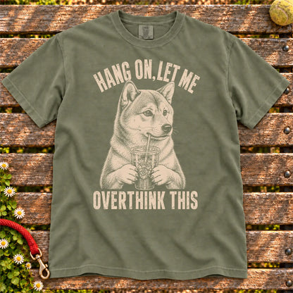 Overthinking Shiba Inu design on a Moss Comfort Colors T-shirt, shown flat