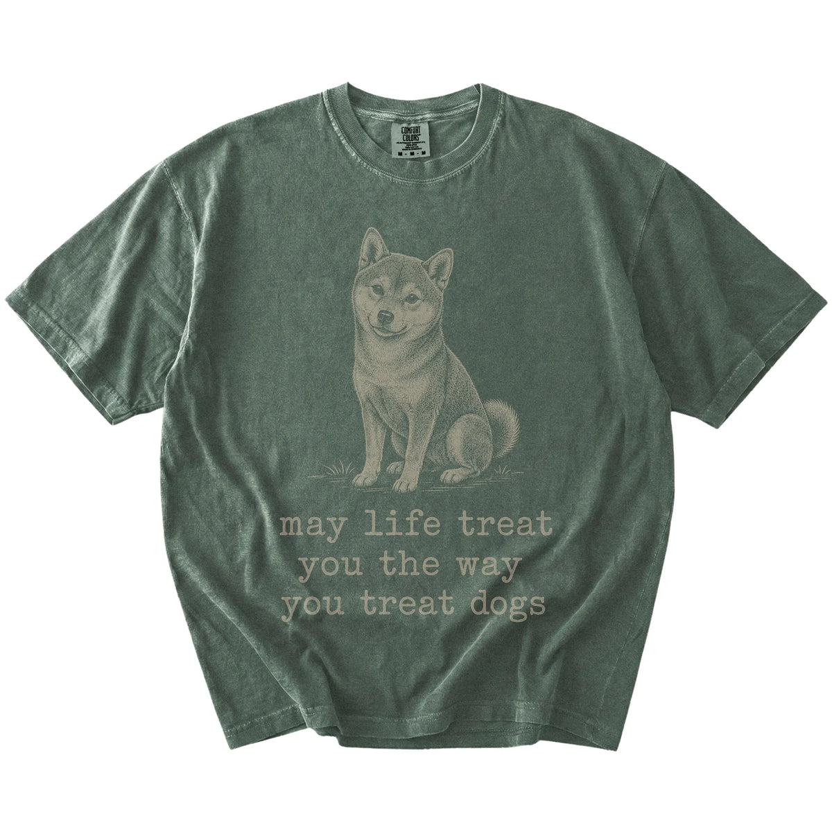 Moss Shiba Inu Karma T-Shirt laid flat