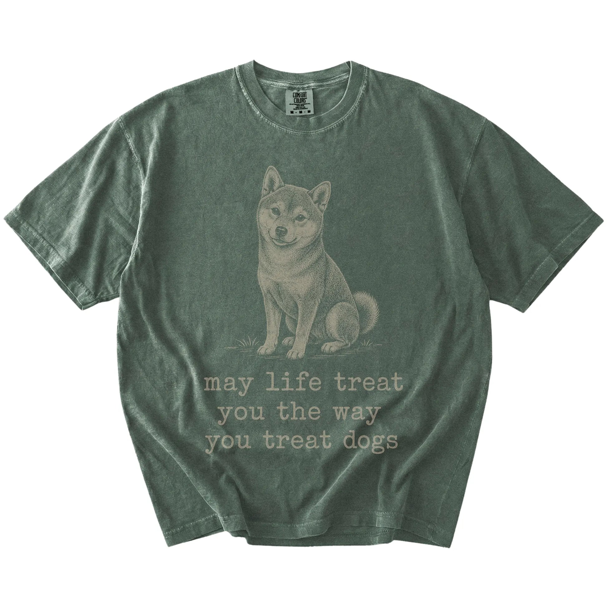 Moss Shiba Inu Karma T-Shirt laid flat
