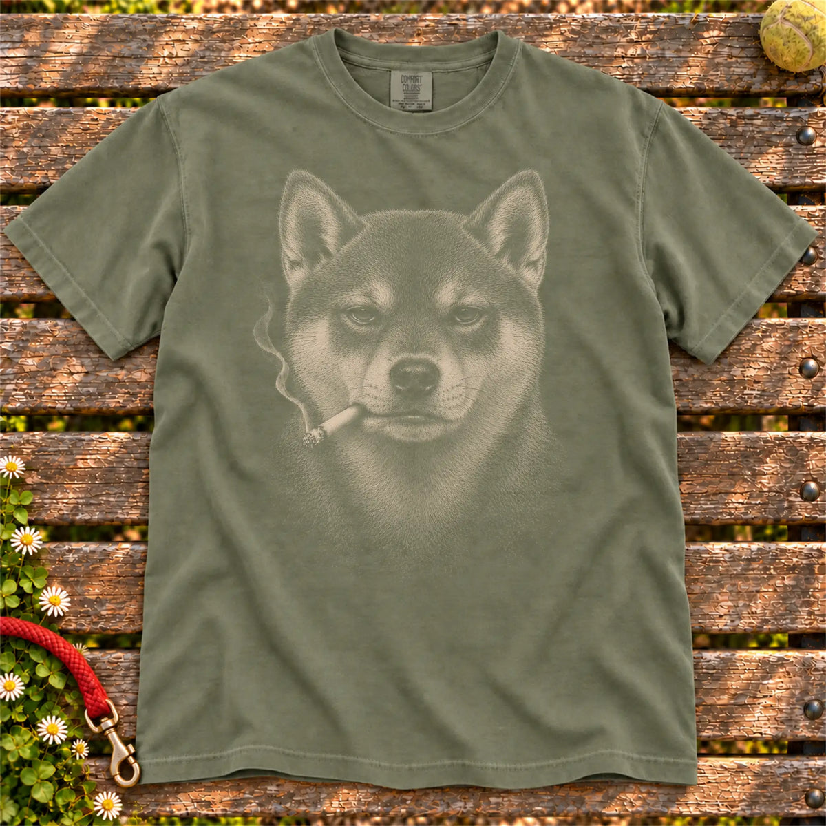 Shiba Inu smoking design on a Moss t-shirt