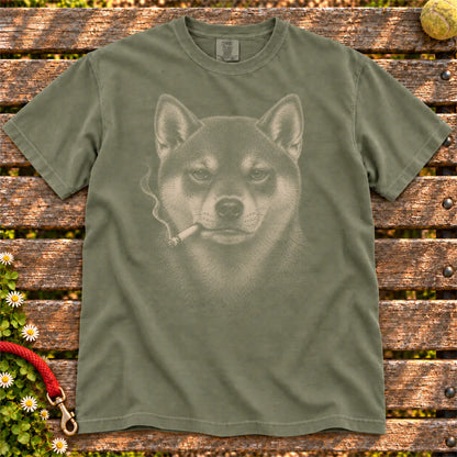 Shiba Inu smoking design on a Moss t-shirt