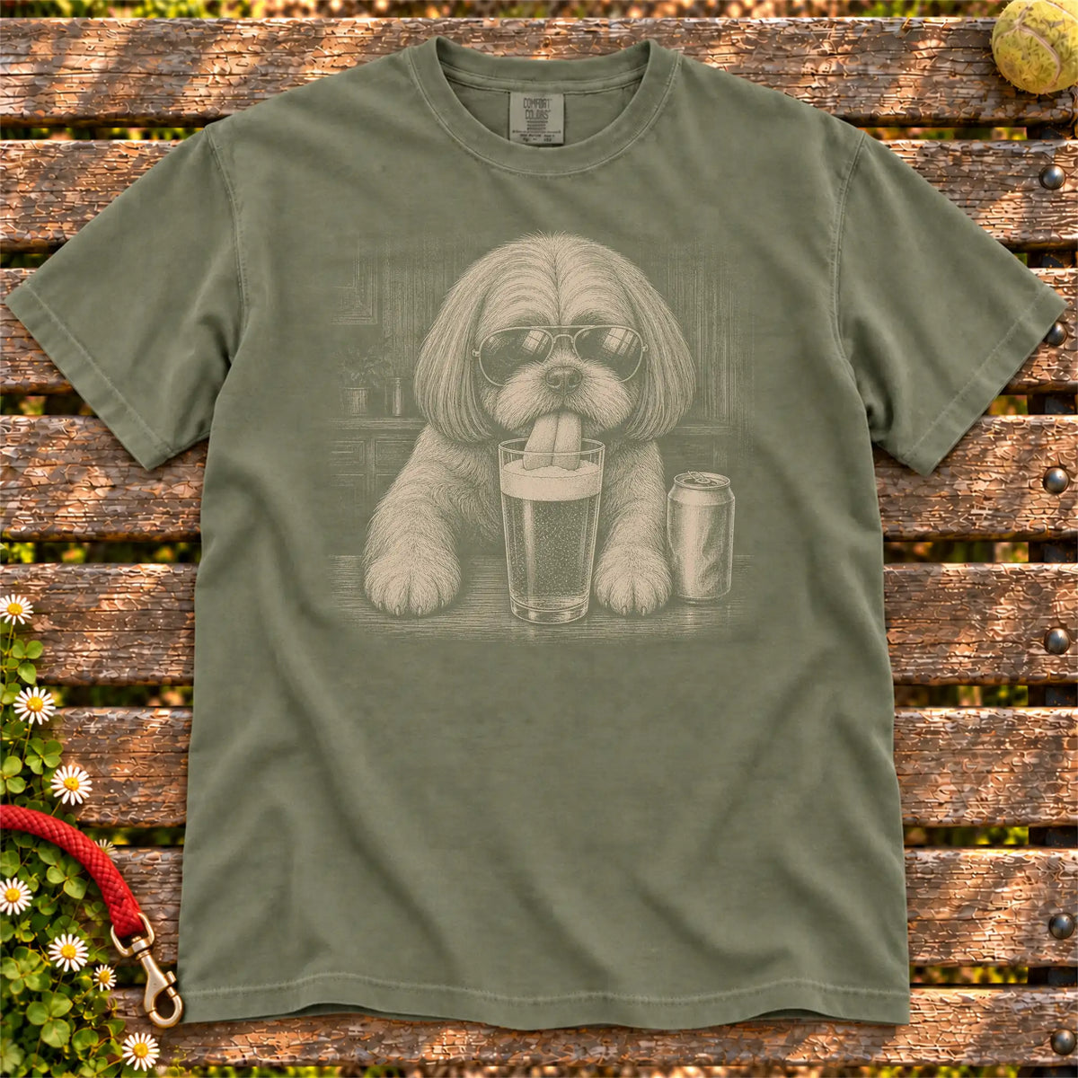 Shih Tzu Drinking Beer design on a Moss Comfort Colors T-shirt, shown flat