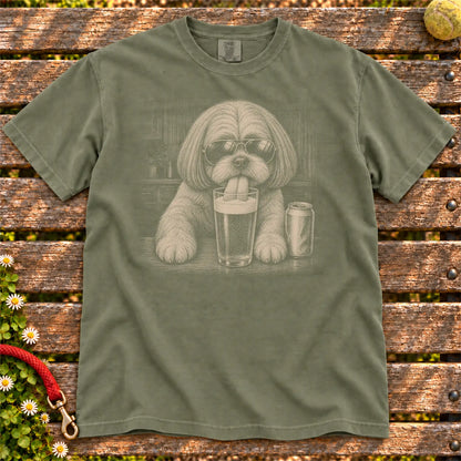 Shih Tzu Drinking Beer design on a Moss Comfort Colors T-shirt, shown flat