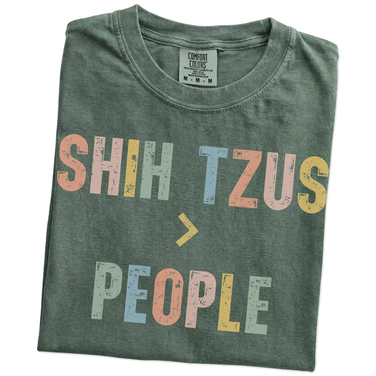 Folded Moss Comfort Colors® T-shirt showing “Shih Tzus > People” text