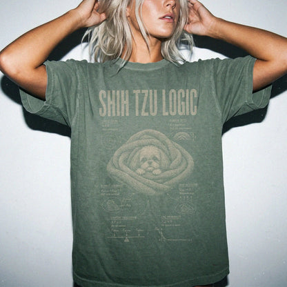 Woman wearing a Moss Shih Tzu Logic T-Shirt