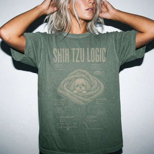 Woman wearing a Moss Shih Tzu Logic T-Shirt