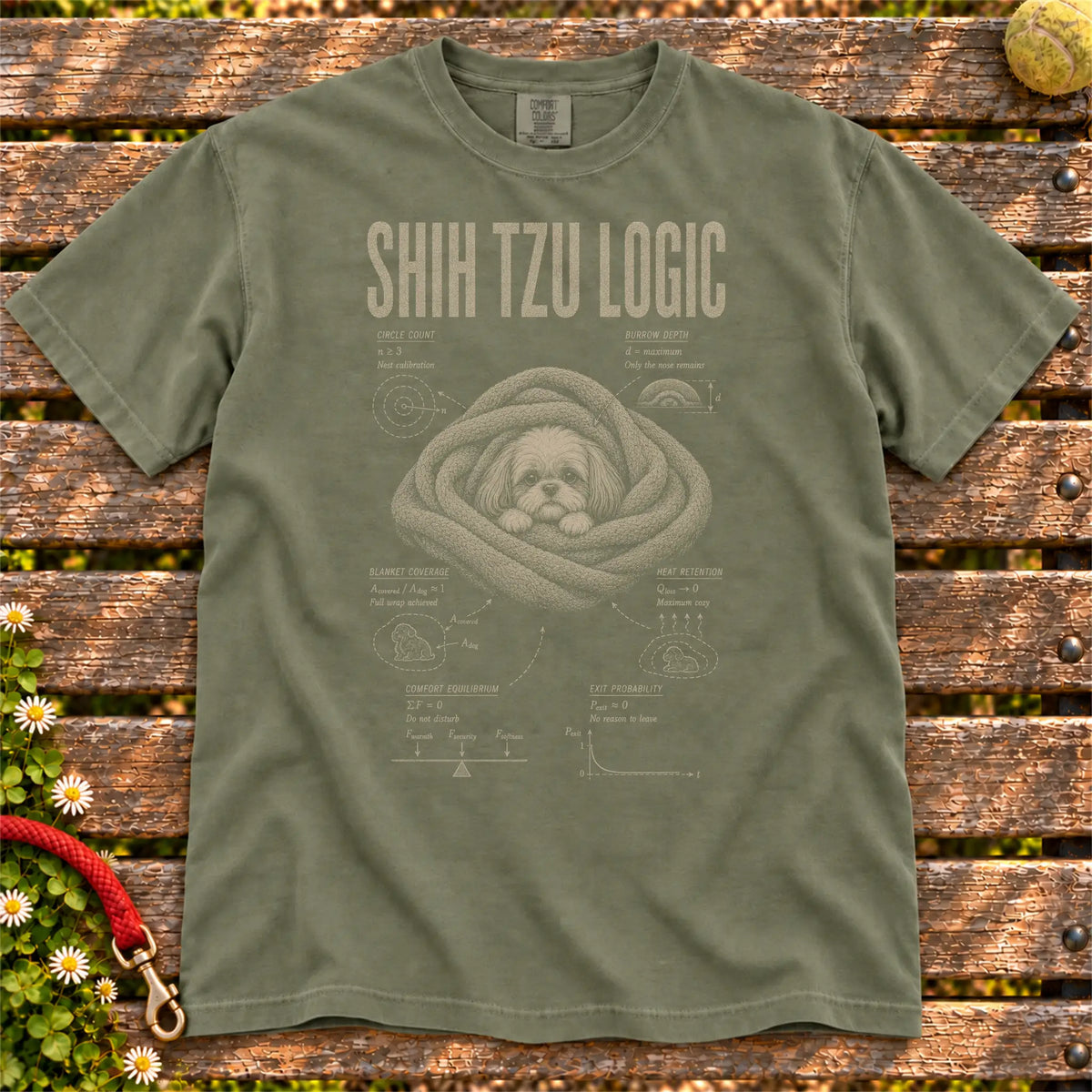 Shih Tzu Logic design on a Moss Comfort Colors T-shirt, shown flat