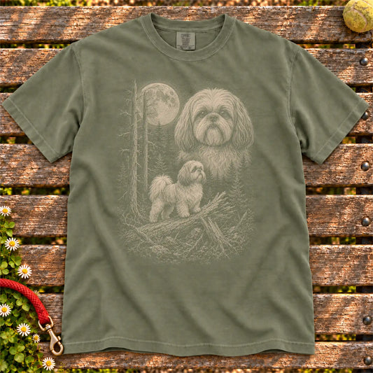Shih Tzu Moonlit Forest design on a Moss T-shirt shown flat