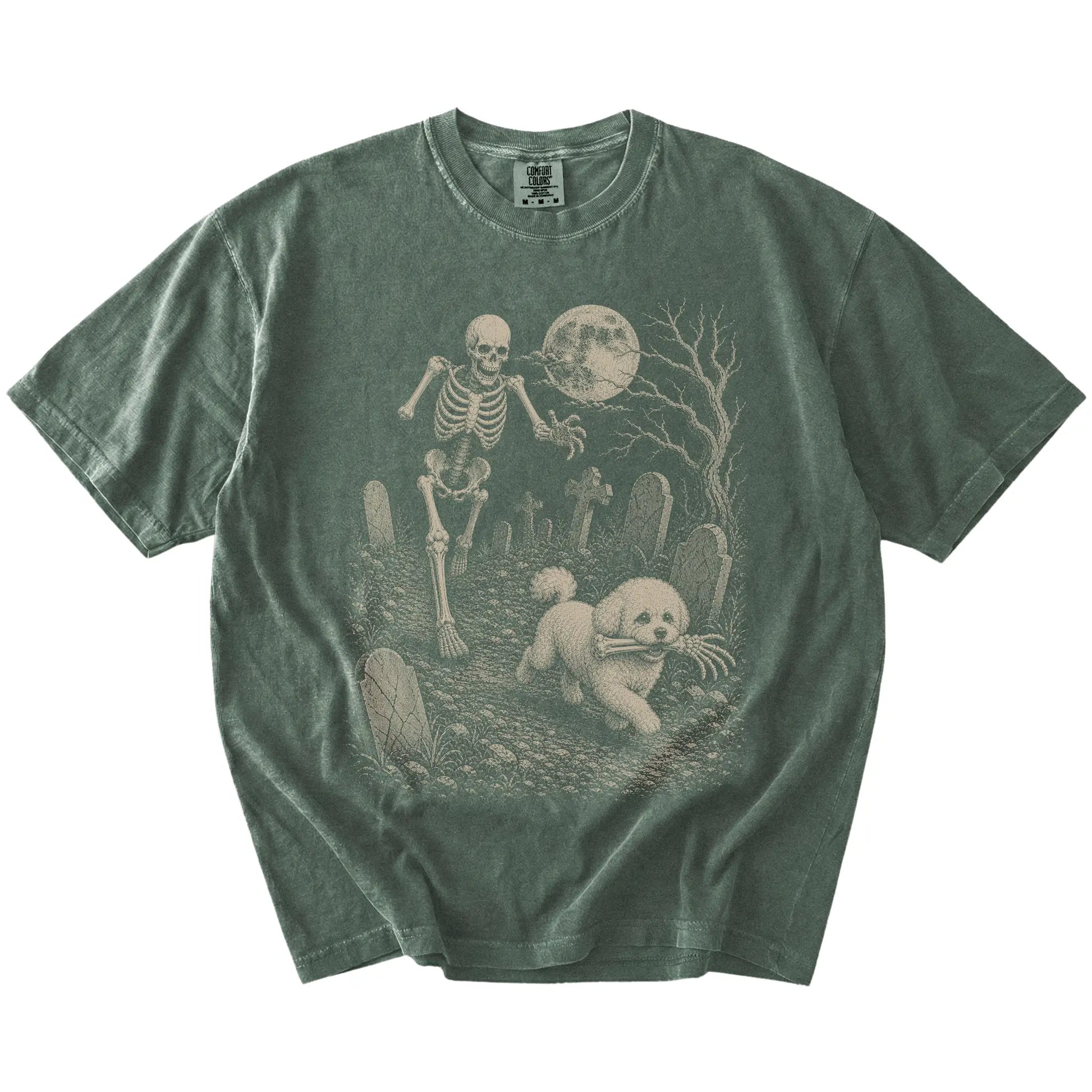Bichon Frise running from a skeleton on a Moss Comfort Colors® T-shirt