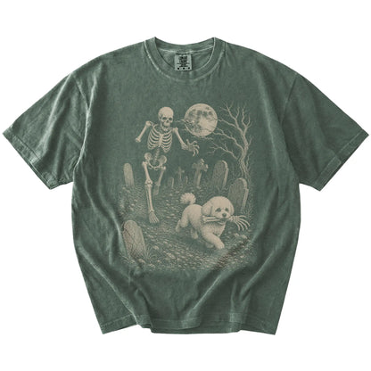 Bichon Frise running from a skeleton on a Moss Comfort Colors® T-shirt