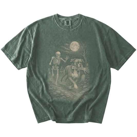 Boxer running from a skeleton on a Moss Comfort Colors® T-shirt