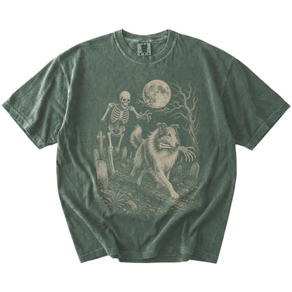 Collie running from a skeleton on a Moss Comfort Colors® T-shirt