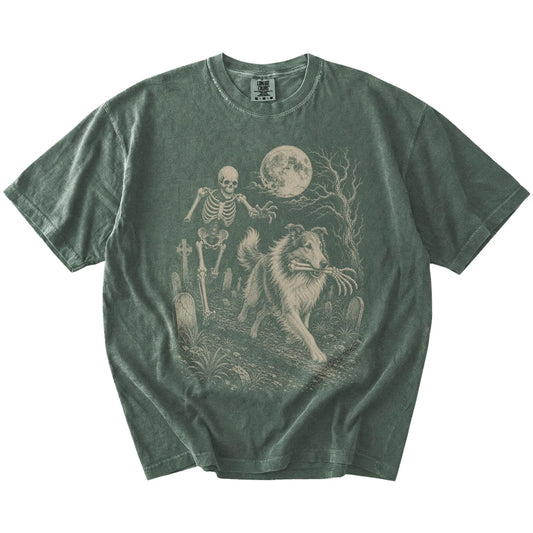 Collie running from a skeleton on a Moss Comfort Colors® T-shirt