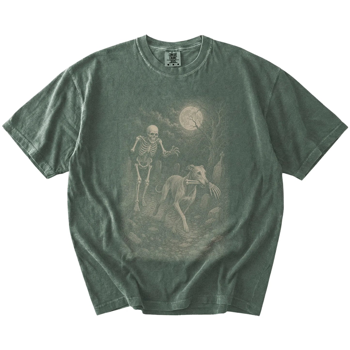 Greyhound running from a skeleton on a Moss Comfort Colors® T-shirt
