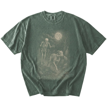 Greyhound running from a skeleton on a Moss Comfort Colors® T-shirt
