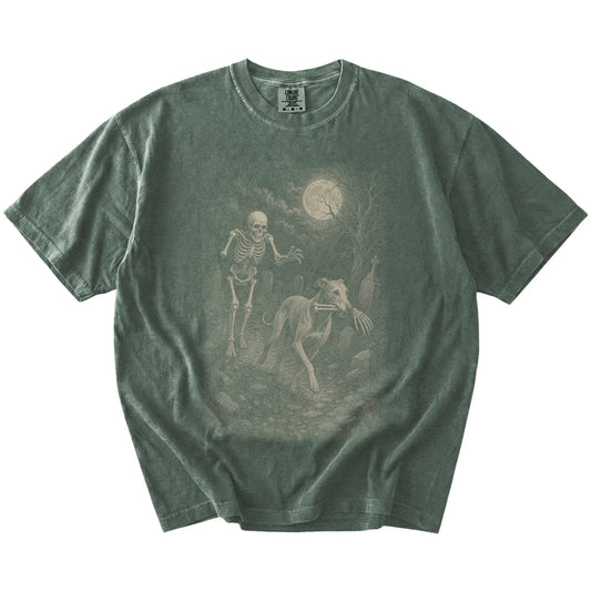 Greyhound running from a skeleton on a Moss Comfort Colors® T-shirt