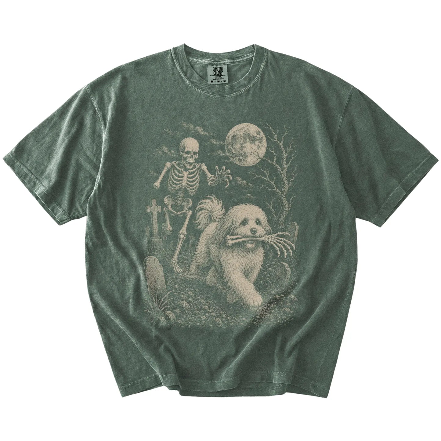 Havanese running from a skeleton on a Moss Comfort Colors® T-shirt