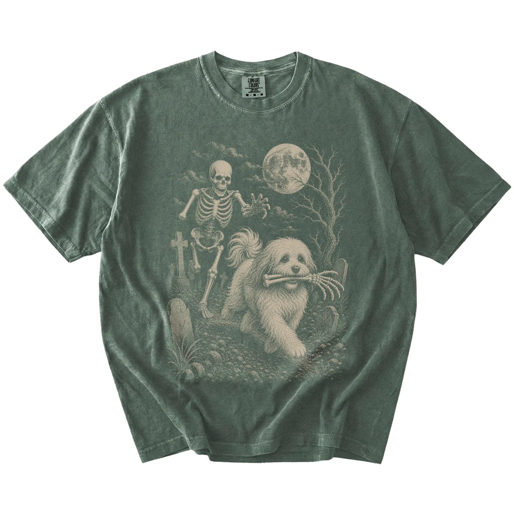 Havanese running from a skeleton on a Moss Comfort Colors® T-shirt