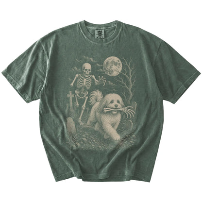Havanese running from a skeleton on a Moss Comfort Colors® T-shirt