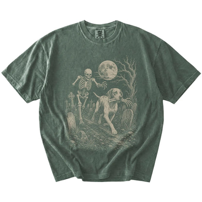 Pointer running from a skeleton on a Moss Comfort Colors® T-shirt