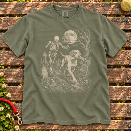 Pointer running from a skeleton on a Moss Comfort Colors® T-shirt