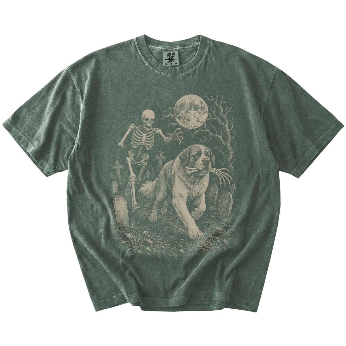 Saint Bernard running from a skeleton on a Moss Comfort Colors® T-shirt