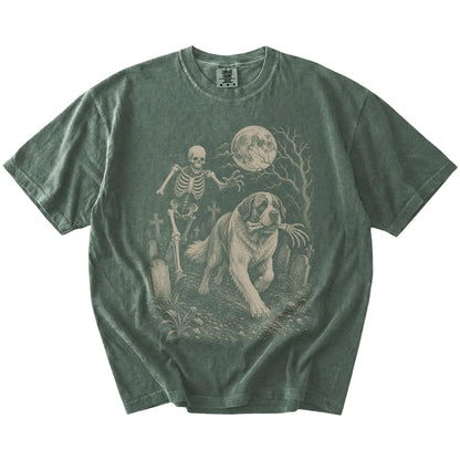 Saint Bernard running from a skeleton on a Moss Comfort Colors® T-shirt