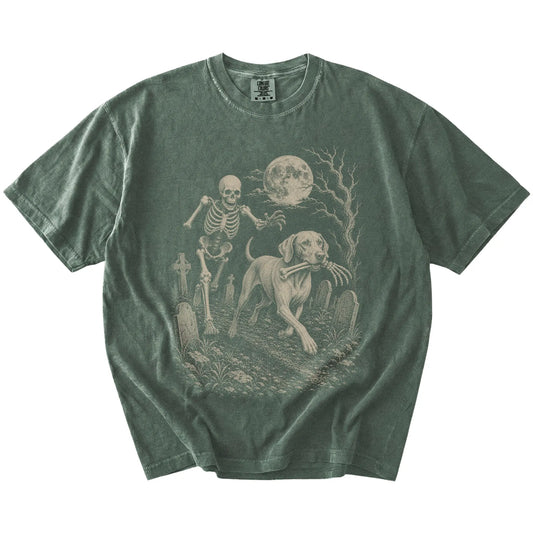 Vizsla running from a skeleton on a Moss Comfort Colors® T-shirt
