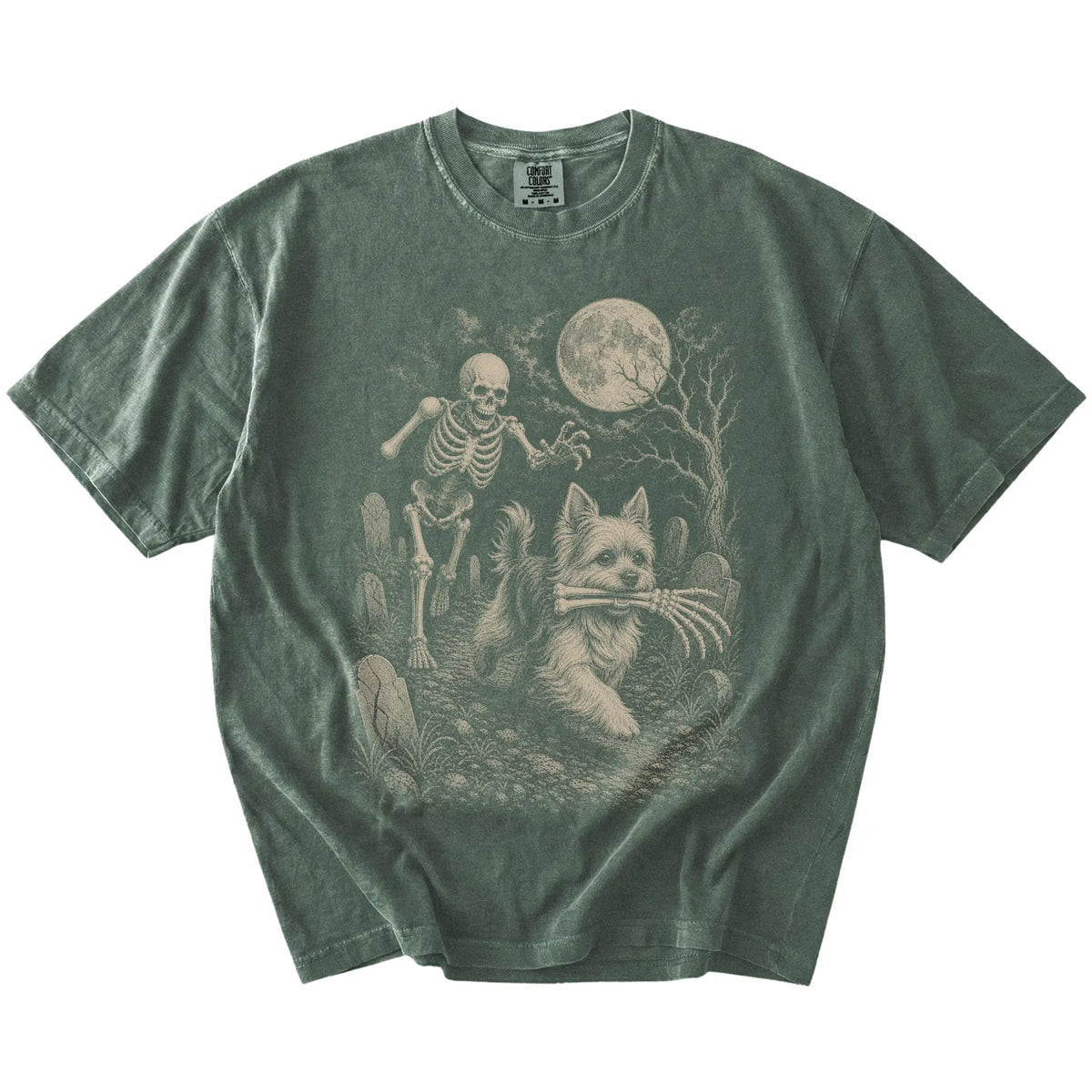 Yorkie running from a skeleton on a Moss Comfort Colors® T-shirt